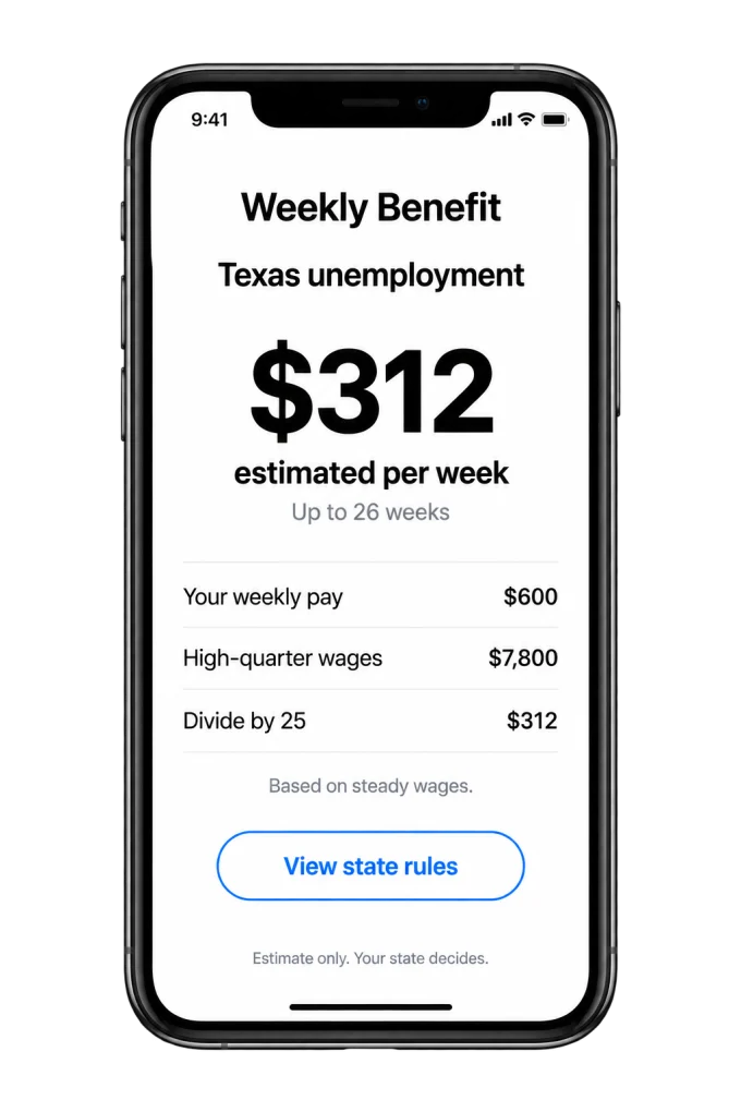 Illustration using 2025 Texas rules: $312 a week from $600 in steady weekly pay.